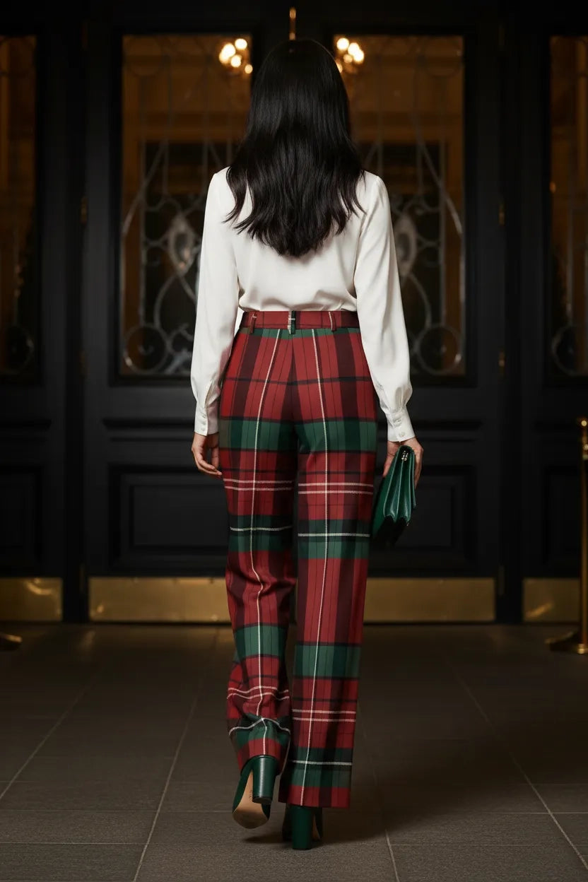 Back view of woman wearing burgundy green tartan trousers women with white blouse and green heels