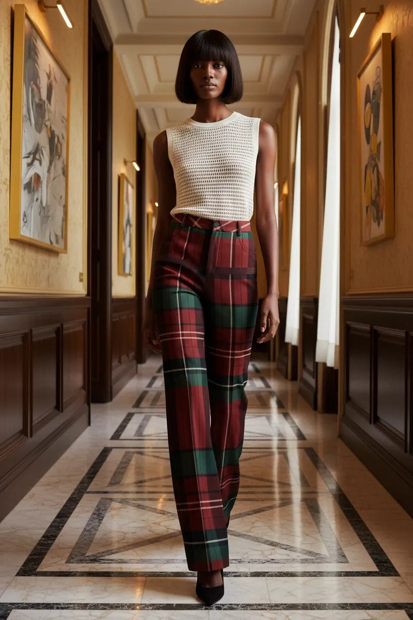 Woman wearing burgundy green tartan trousers women styled with a sleeveless white top walking indoors