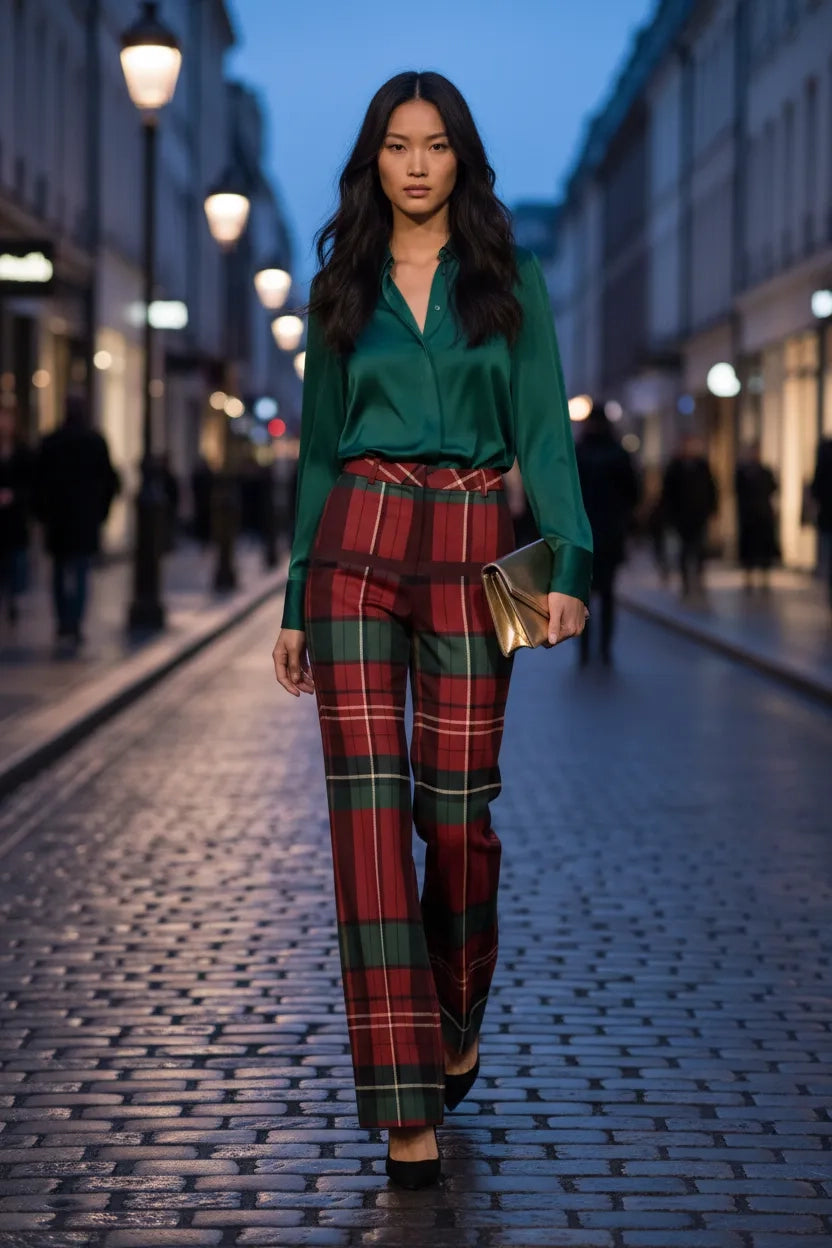 Woman walking in stylish burgundy green tartan trousers women paired with green blouse on city street