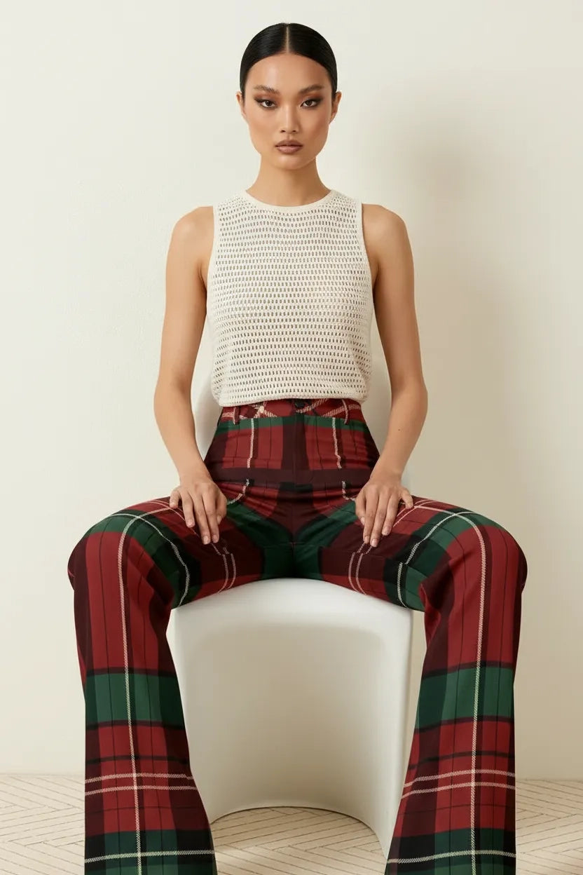 Woman wearing burgundy green tartan trousers women from Angelic Blessing Shop paired with white sleeveless top