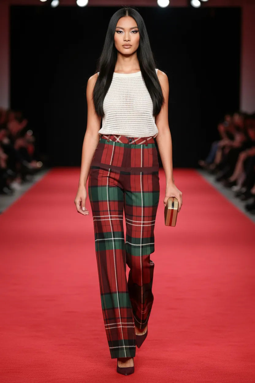 Woman wearing burgundy green tartan trousers women from Angelic Blessing Shop paired with white sleeveless top on runway