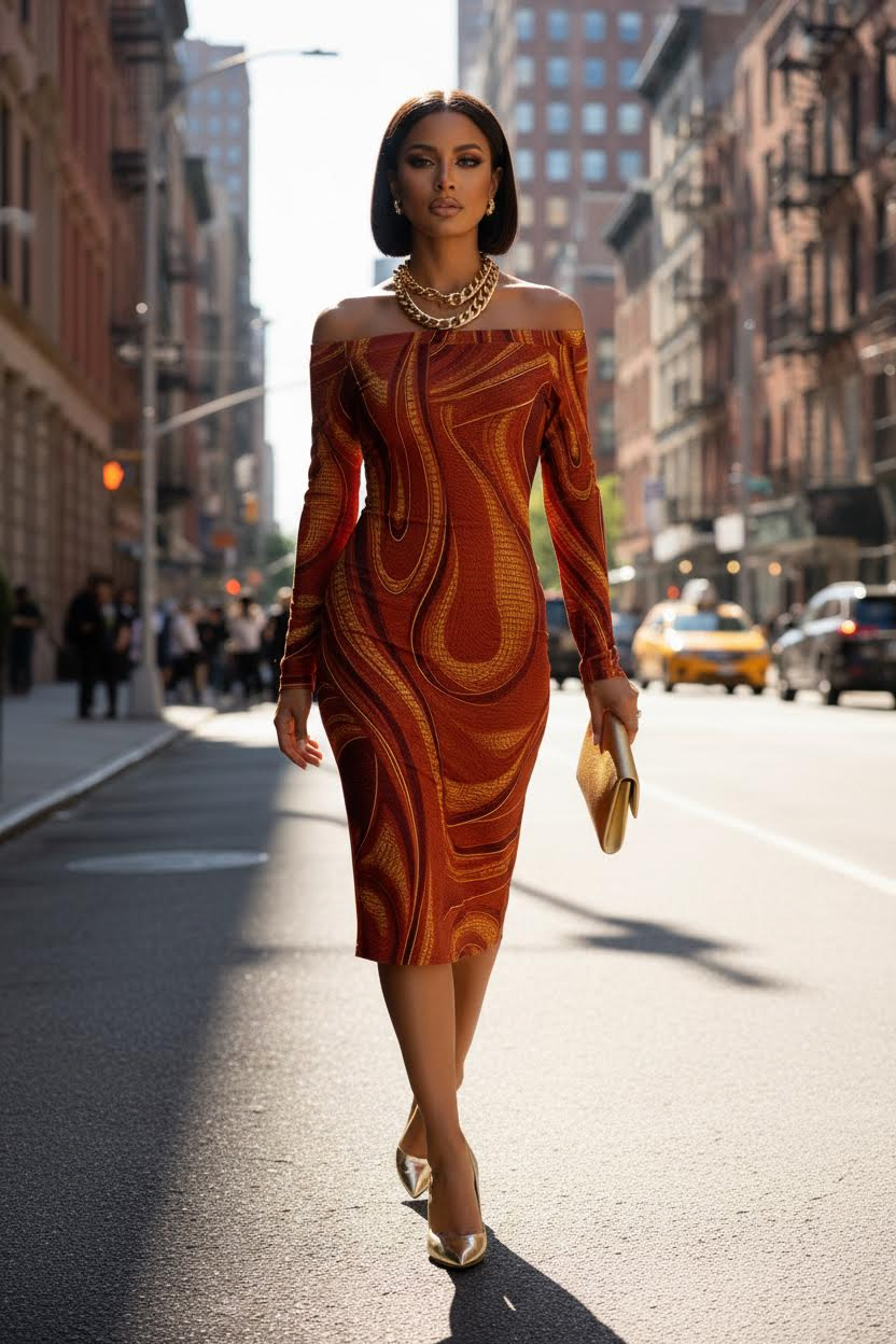 Formal brown and gold cocktail dress long sleeve body shaping silhouette