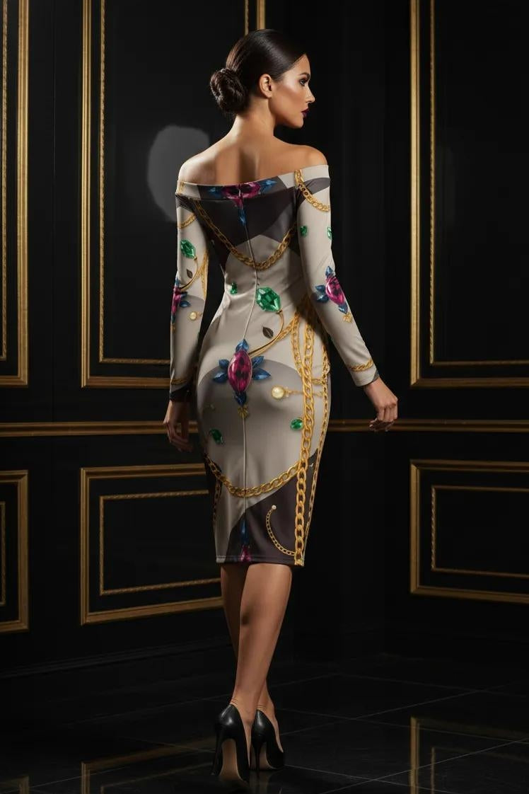 Elegant midi dress for formal dinner and reception events, long sleeve off shoulder evening dress for women