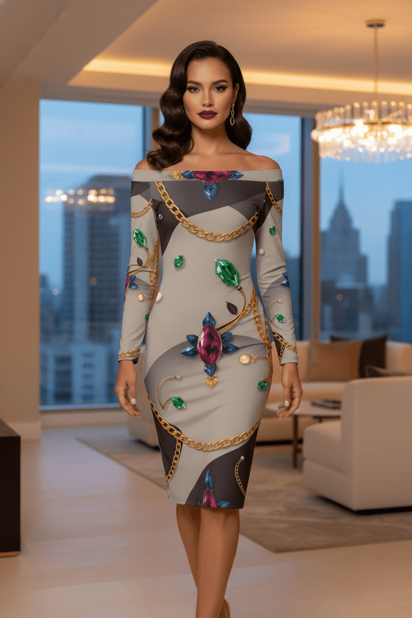 Formal event midi dress with long sleeves and off shoulder design, sophisticated evening dress for women