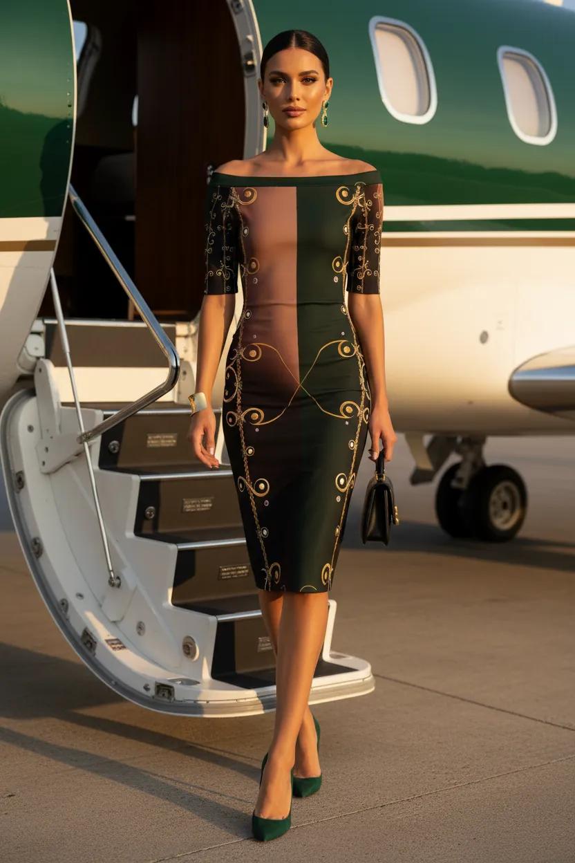 Forrest Green & Gold Baroque midi bodycon dress Elegant Evening Outfit Sleek Style
