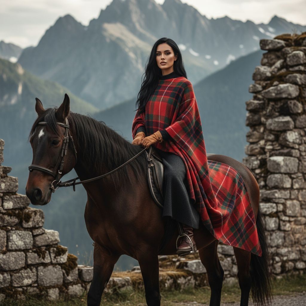 Fraser Clan Tartan All-Season Soft Touch Shawl Lightweight Wrap Scarf draped on woman riding horse in mountainous landscape