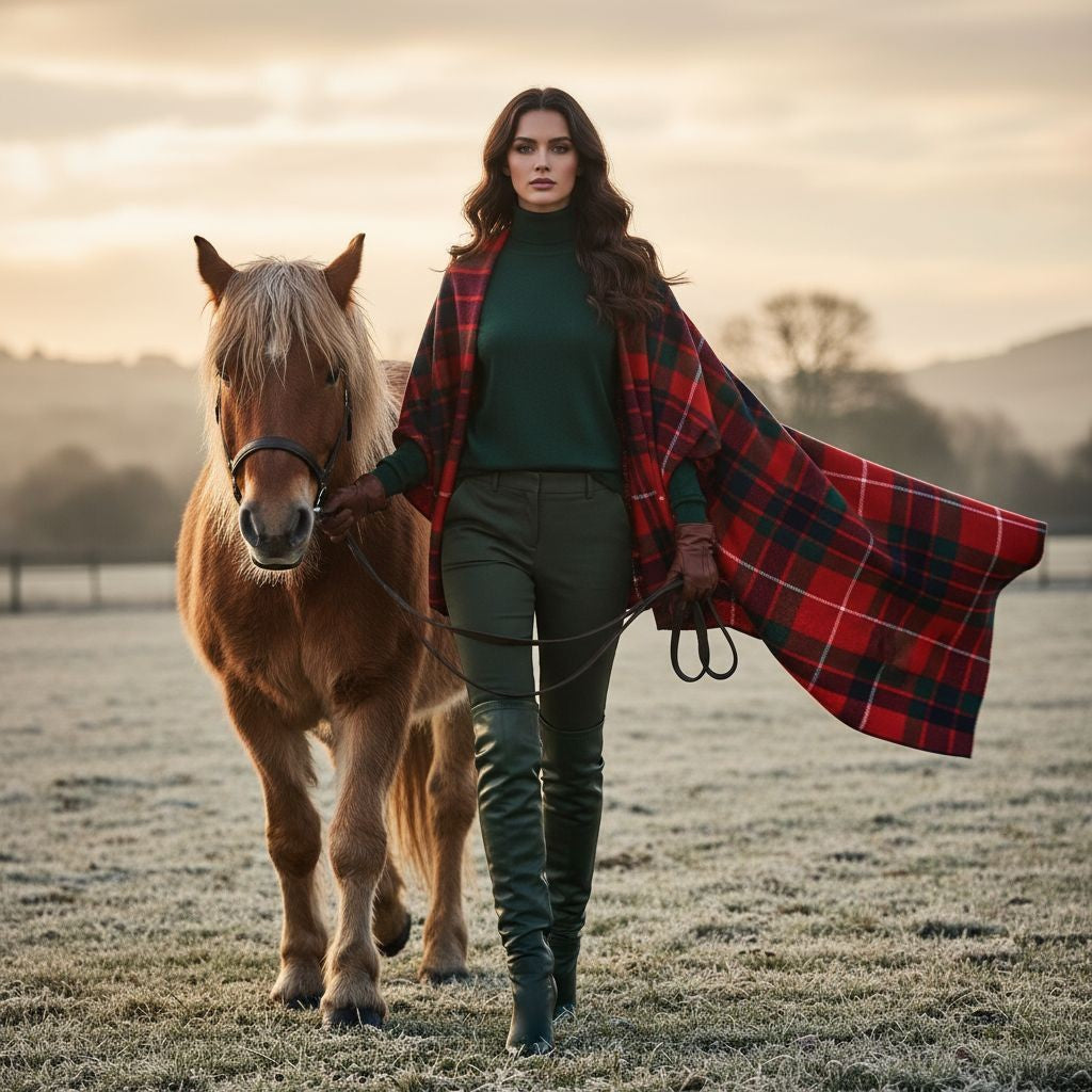 Fraser Clan Tartan All-Season Soft Touch Shawl Lightweight Wrap Scarf worn by woman walking with a pony outdoors