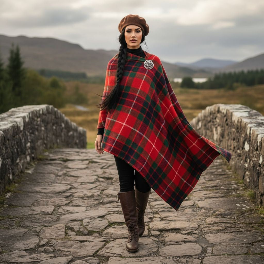 Woman wearing Fraser Clan Tartan All-Season Soft Touch Shawl Lightweight Wrap Scarf outdoors on stone bridge