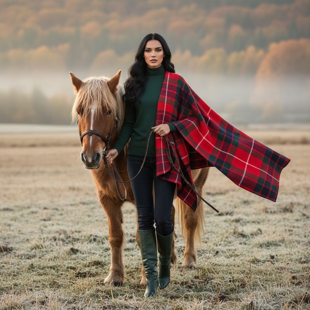 Woman wearing Fraser Clan Tartan All-Season Soft Touch Shawl Lightweight Wrap Scarf standing beside a horse in a foggy field
