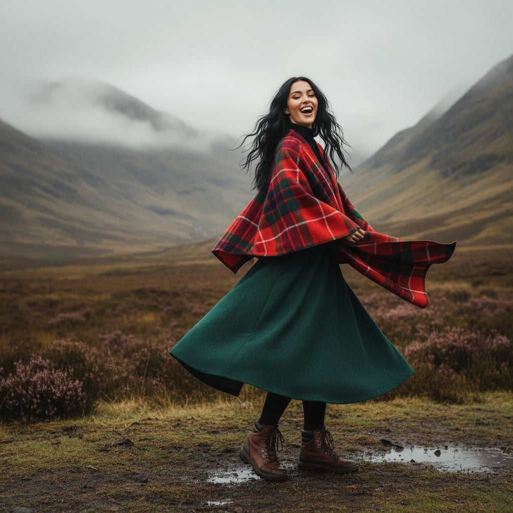 Woman wearing Fraser Clan Tartan All-Season Soft Touch Shawl Lightweight Wrap Scarf outdoors in scenic moorland