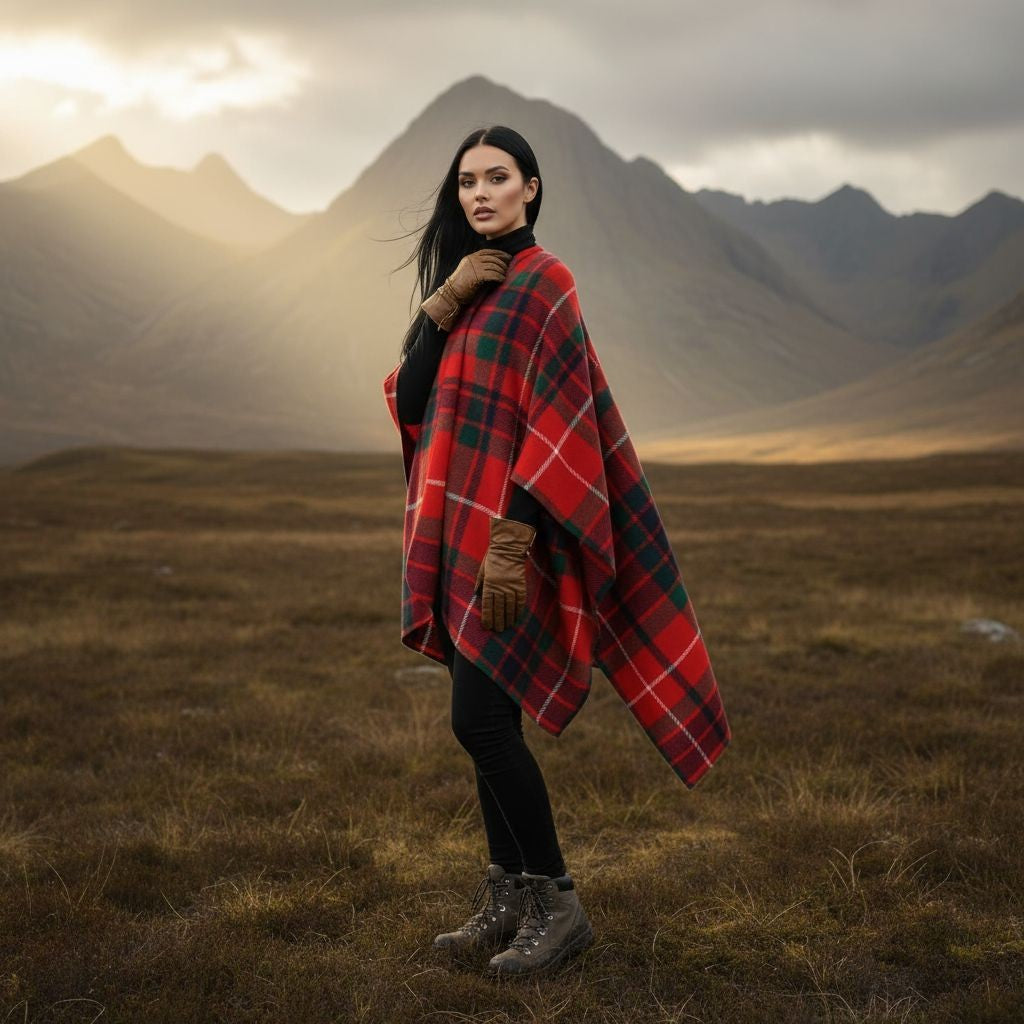 Woman wearing Fraser Clan Tartan All-Season Soft Touch Shawl Lightweight Wrap Scarf in scenic mountainous landscape
