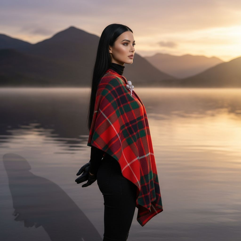 Woman wearing Fraser Clan Tartan All-Season Soft Touch Shawl Lightweight Wrap Scarf by Angelic Blessings Shop near lake at sunset