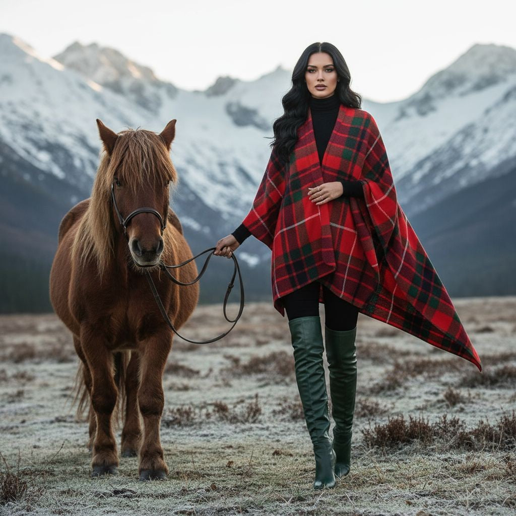 Woman wearing Fraser Clan Tartan All-Season Soft Touch Shawl Lightweight Wrap Scarf outdoors with horse
