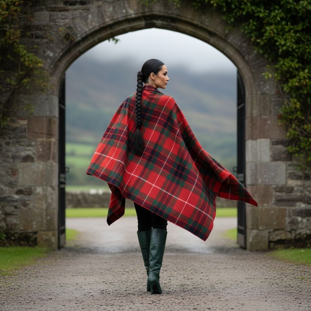 Woman wearing Fraser Clan Tartan All-Season Soft Touch Shawl Lightweight Wrap Scarf in red and green plaid