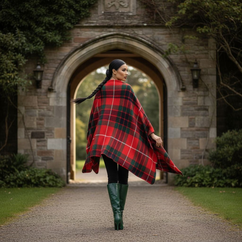 Woman wearing Fraser Clan Tartan All-Season Soft Touch Shawl Lightweight Wrap Scarf outdoors