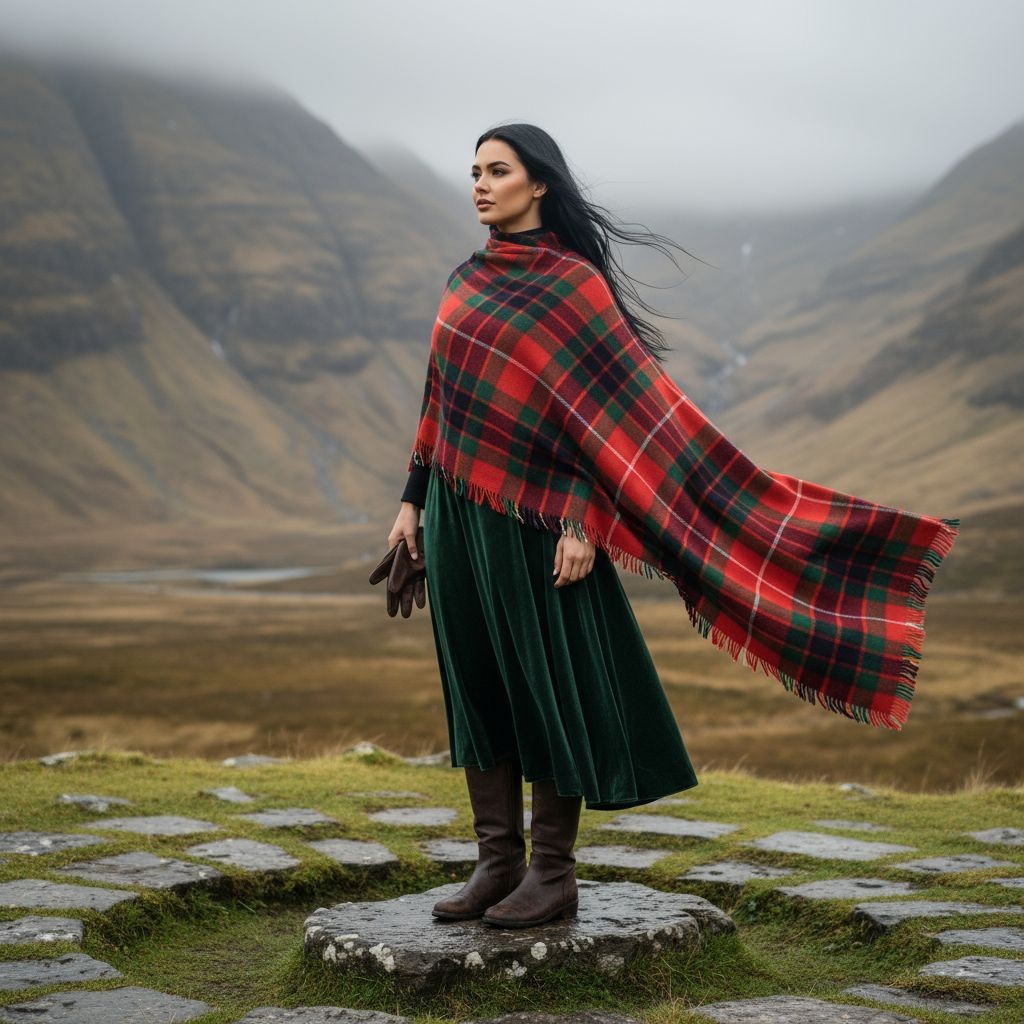 Woman wearing Fraser Clan Tartan All-Season Soft Touch Shawl Lightweight Wrap Scarf in scenic mountain landscape