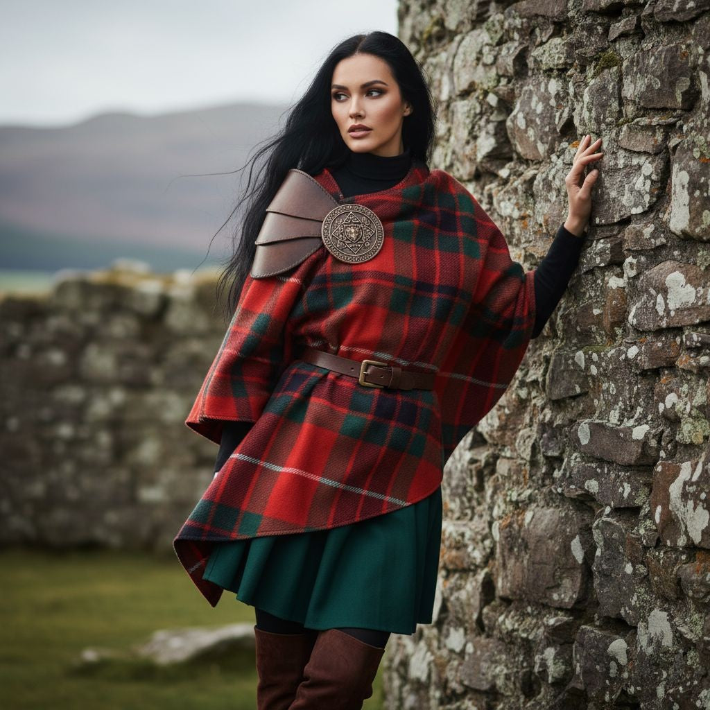Fraser Clan Tartan All-Season Soft Touch Shawl lightweight wrap scarf worn by model outdoors