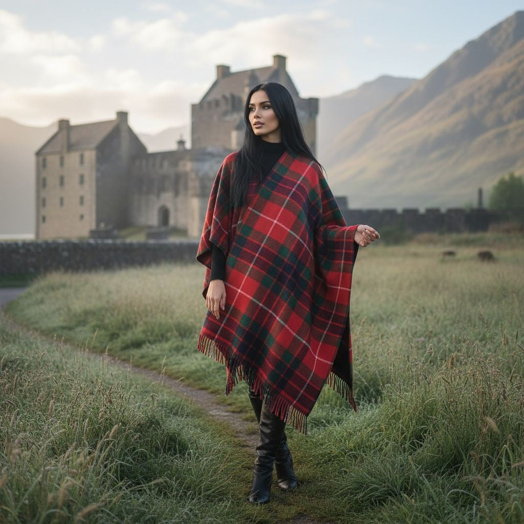 Fraser Clan Tartan All-Season Soft Touch Shawl lightweight wrap scarf worn outdoors near historic castle