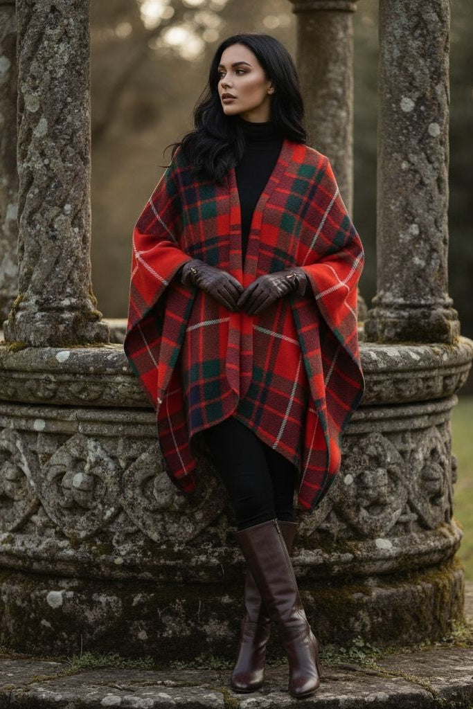 Fraser Clan Tartan All-Season Soft Touch Shawl in red and green worn as lightweight wrap scarf