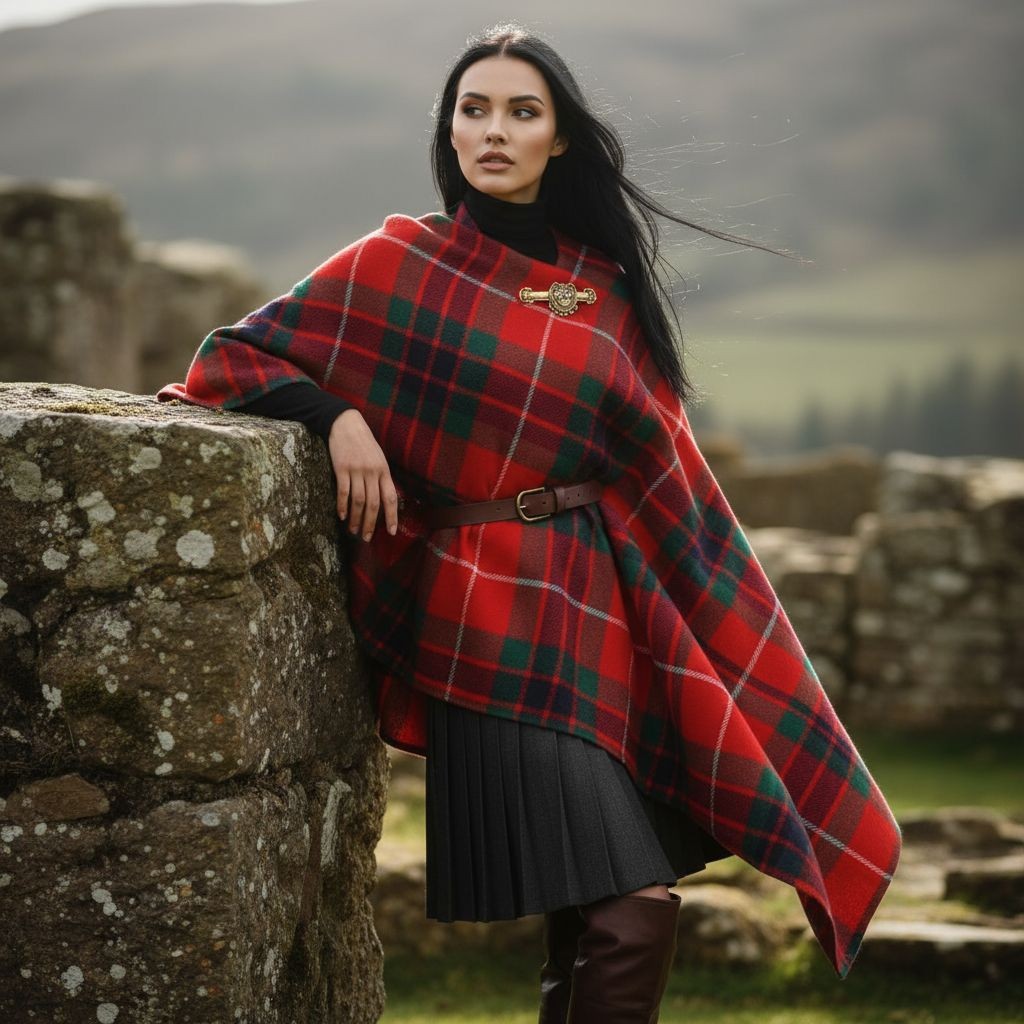 Fraser Clan Tartan All-Season Soft Touch Shawl Lightweight Wrap Scarf worn outdoors by woman