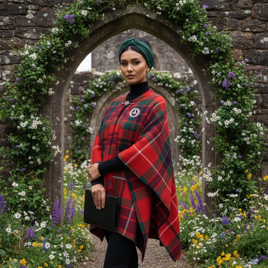 Fraser Clan Tartan All-Season Soft Touch Shawl Lightweight Wrap Scarf worn by woman in garden archway