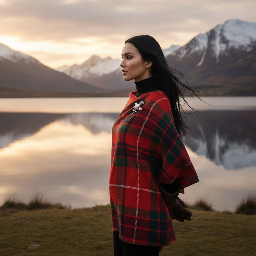 Woman wearing Fraser Clan Tartan All-Season Soft Touch Shawl Lightweight Wrap Scarf outdoors by a lake and mountains