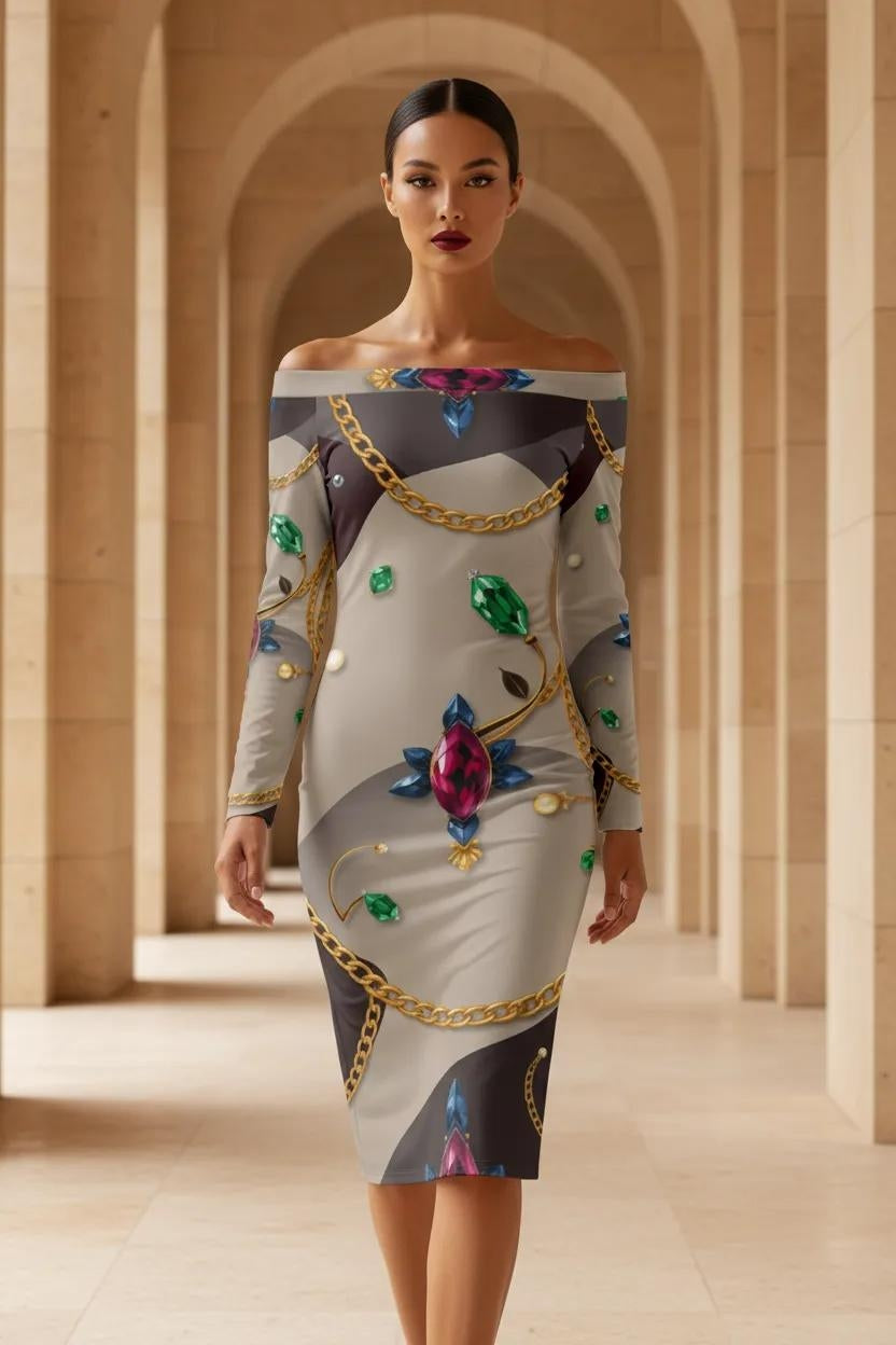 Elegant off shoulder cocktail midi dress with long sleeves, luxury printed polyester dress for formal evening events