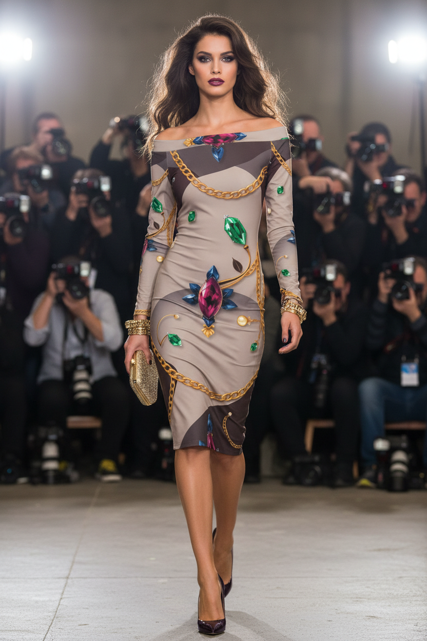 Gioielli di Sera-Off The Shoulder Baroque Bodycon Midi Dress Elegant Evening Outfit