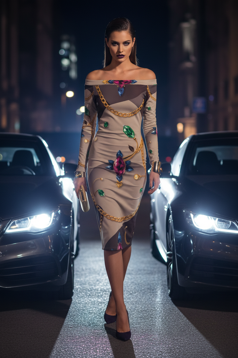 Off The Shoulder Baroque Bodycon midi dress elegant evening outfit with floral and chain print