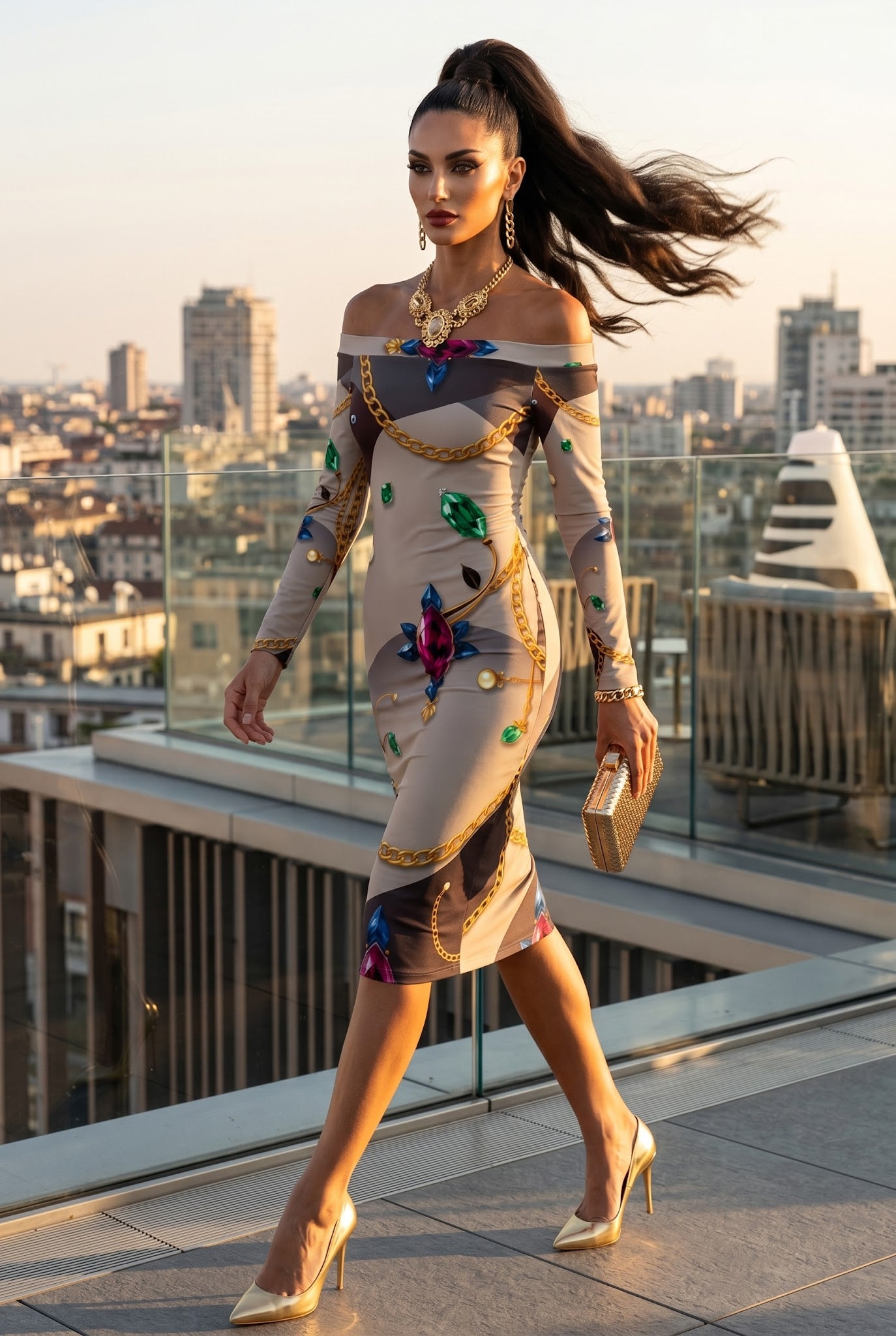 Gioielli di Sera-Off The Shoulder Baroque Bodycon midi dress Elegant Evening Outfit