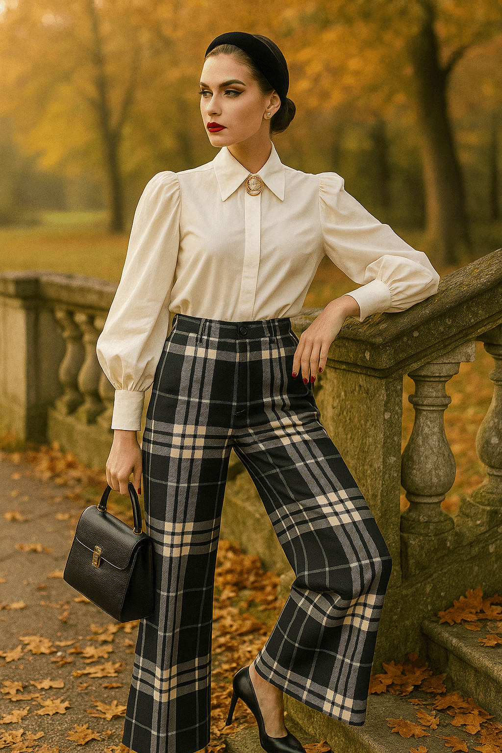Woman wearing Glamis plaid high waisted trousers with cream puff sleeve blouse and black handbag