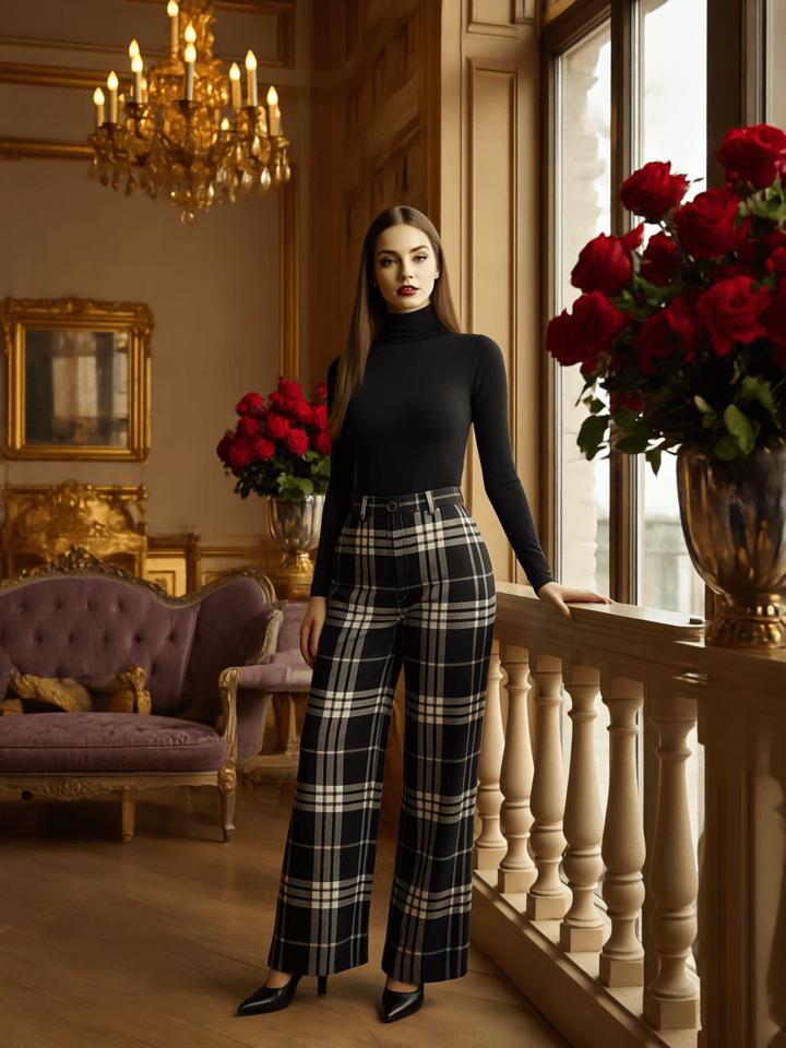 Woman wearing Glamis plaid high waisted trousers with black turtleneck in elegant room