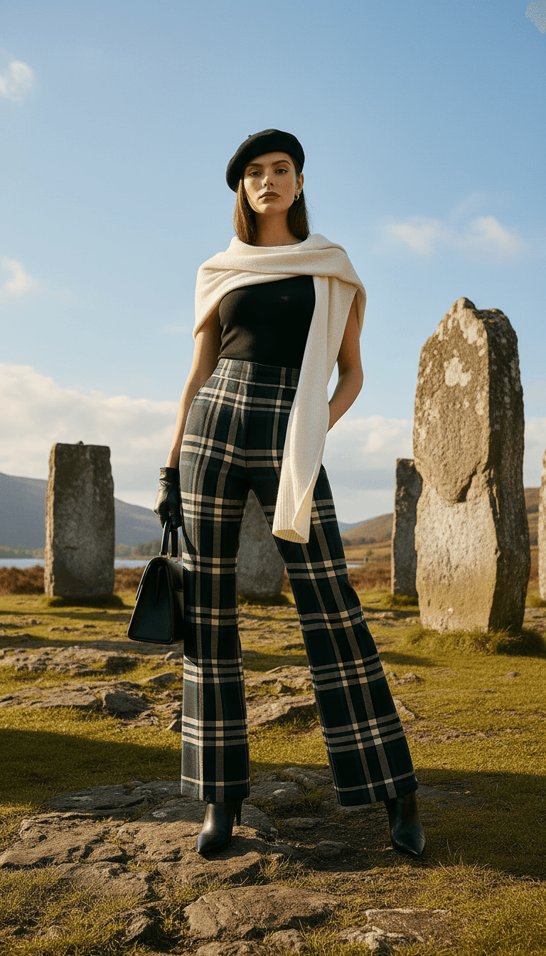 Woman wearing Glamis plaid high waisted trousers with black top and beret standing outdoors near stone monuments