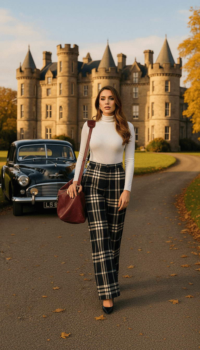 Woman wearing Glamis plaid high waisted trousers standing on road in front of a historic castle