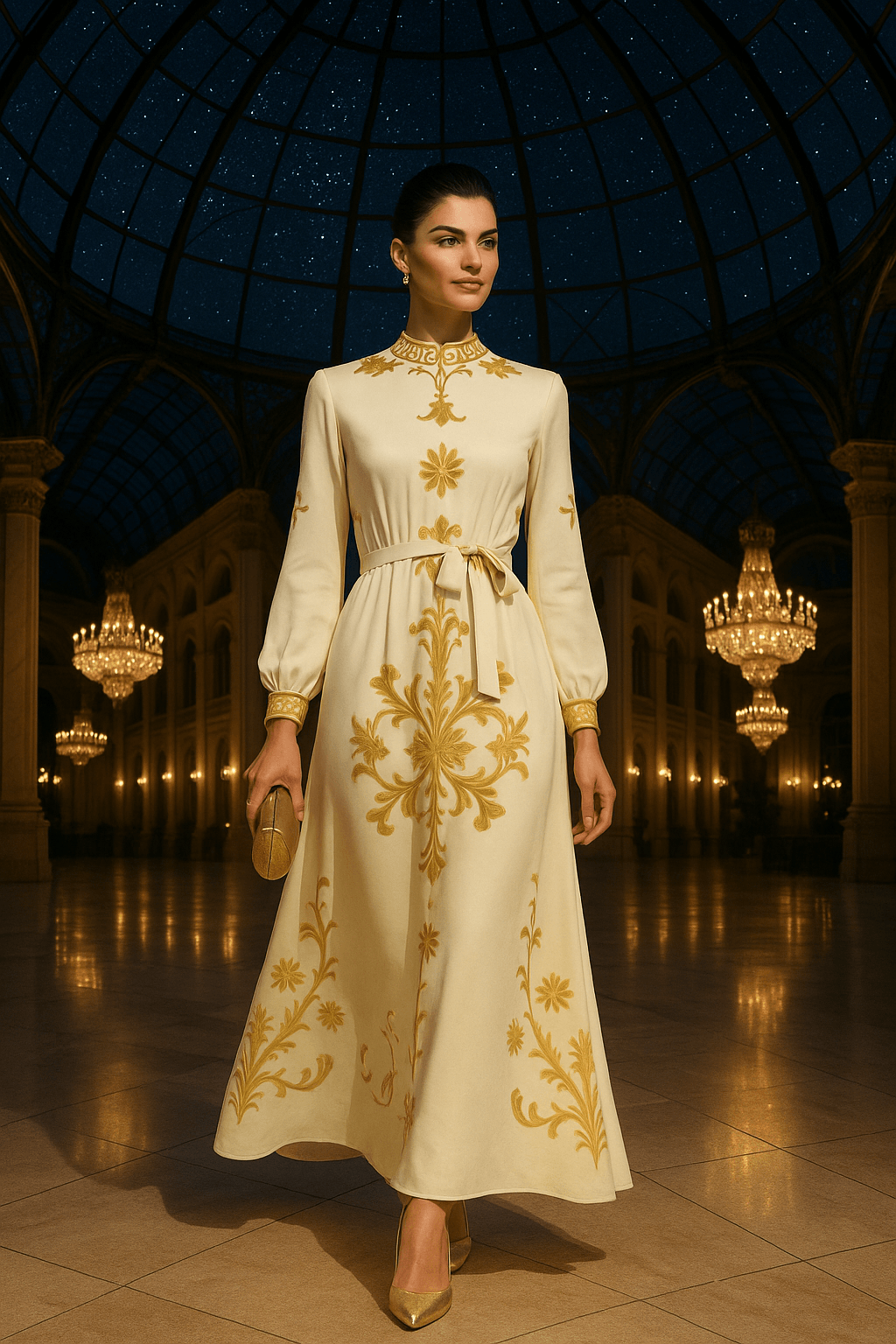 Angelic Blessings gold damask evening gown with long sleeves and a high neckline in luxurious setting