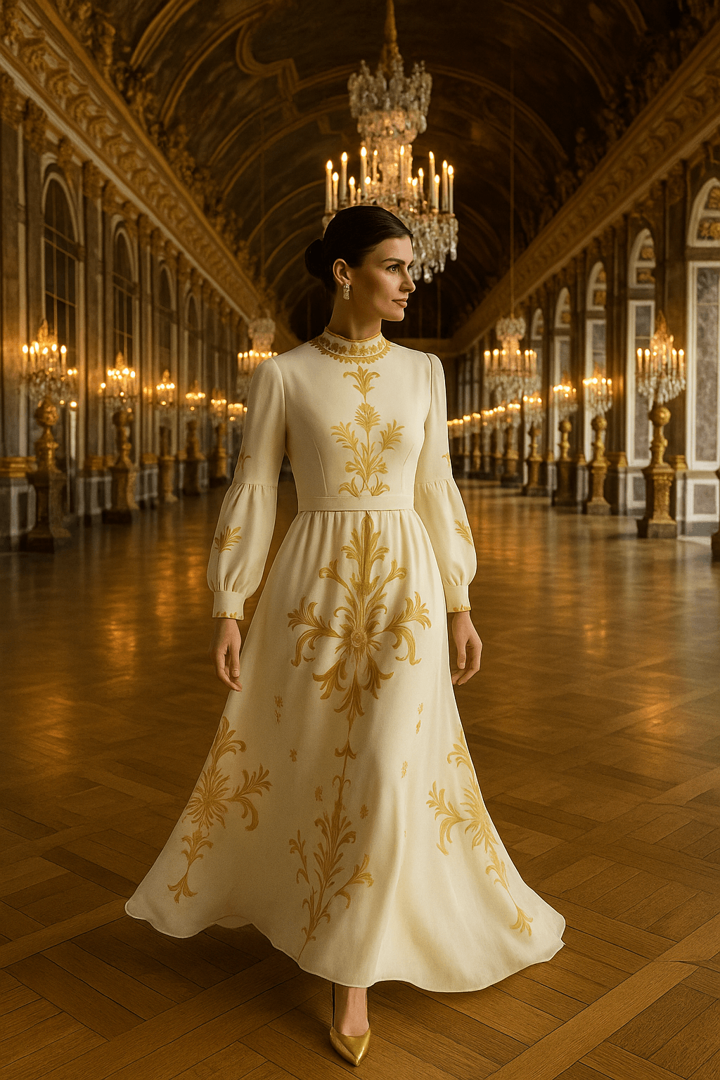 Angelic Blessings gold damask evening gown with long sleeves and intricate floral patterns in a grand hall