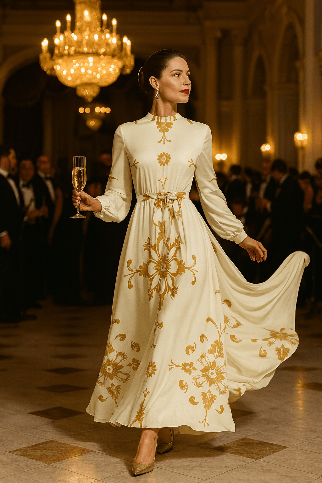 Angelic Blessings gold damask evening gown worn by woman holding a champagne glass at a formal event