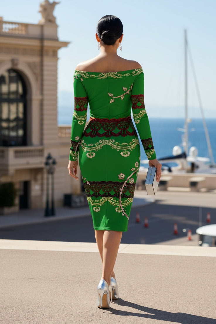 Woman wearing green baroque off shoulder midi dress with long sleeves and ornate patterns
