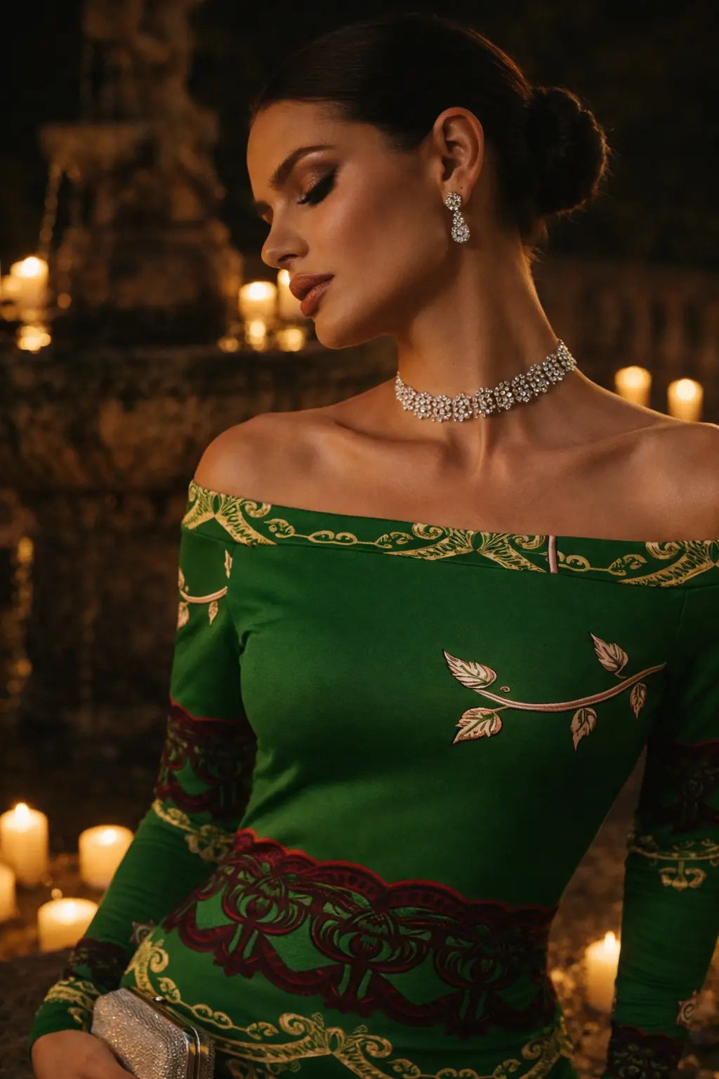 Woman wearing green baroque off shoulder midi dress with intricate patterns and elegant jewelry