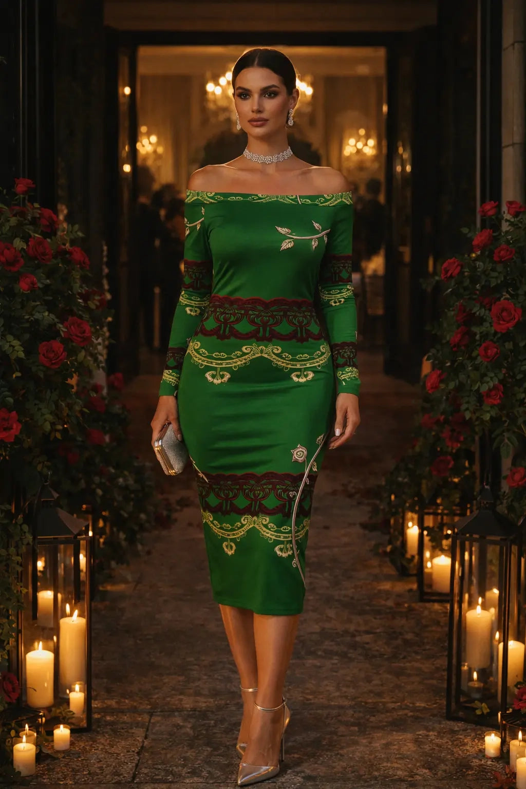 Elegant green baroque off shoulder midi dress worn by model standing in candlelit hallway