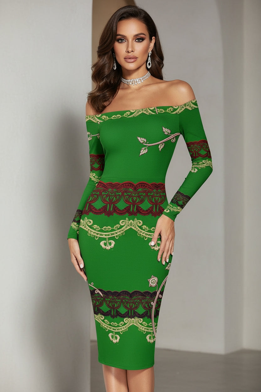 Green baroque off shoulder midi dress with long sleeves and intricate pattern from Angelic Blessings Shop