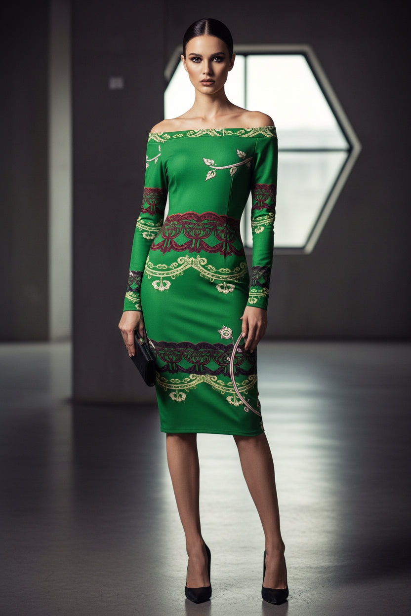 Green baroque off shoulder midi dress with intricate patterns worn by model with clutch