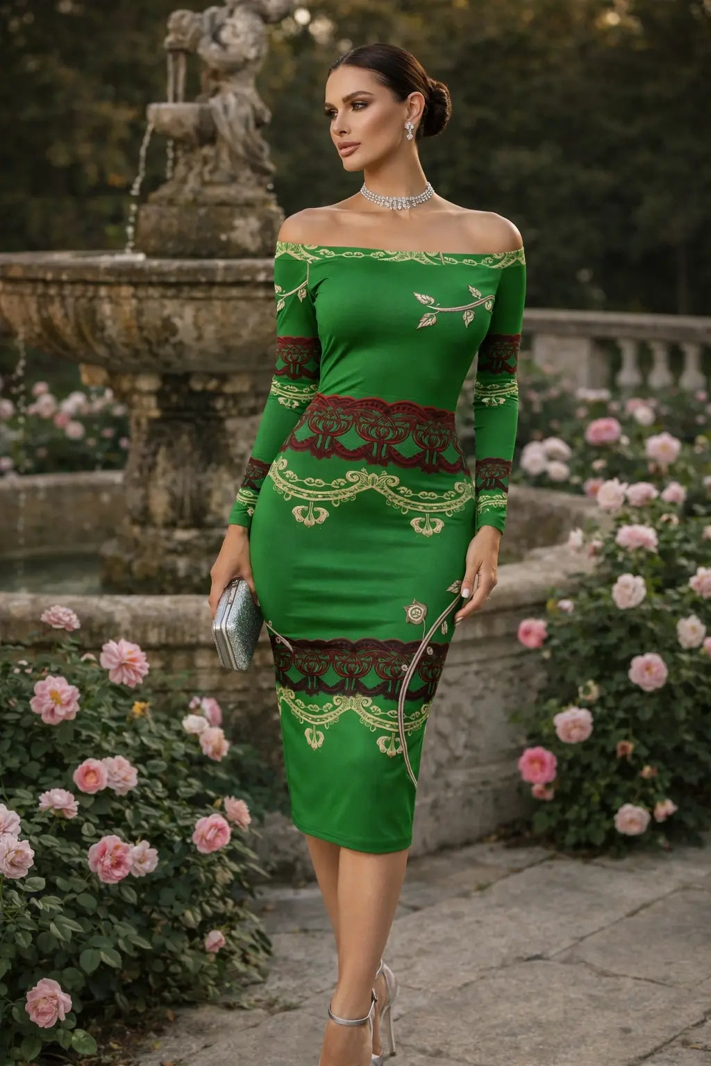 Green baroque off shoulder midi dress with long sleeves worn by woman at garden fountain