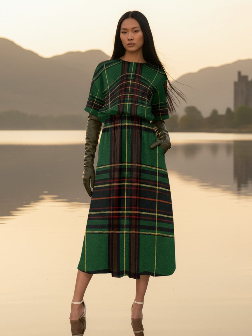 Woman wearing green Cramond tartan midi dress with long gloves standing by a lake at sunset