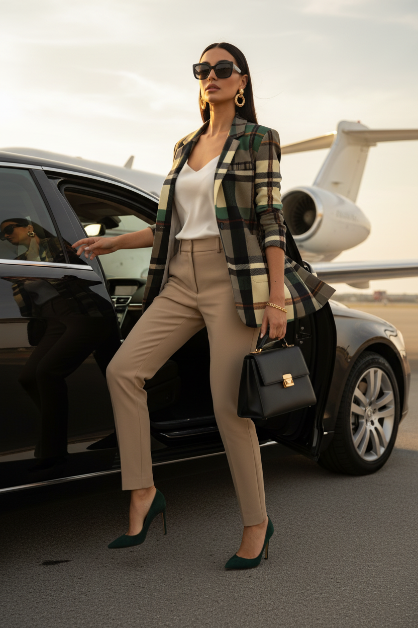 Green-Grey Tartan plaid jacket stylish outfit for elegant evening wear