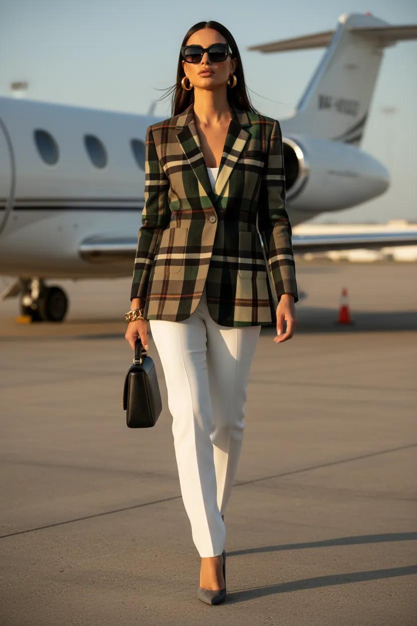 Green-Grey Tartan Plaid Jacket Stylish Blazer Outfit Elegant Evening Look
