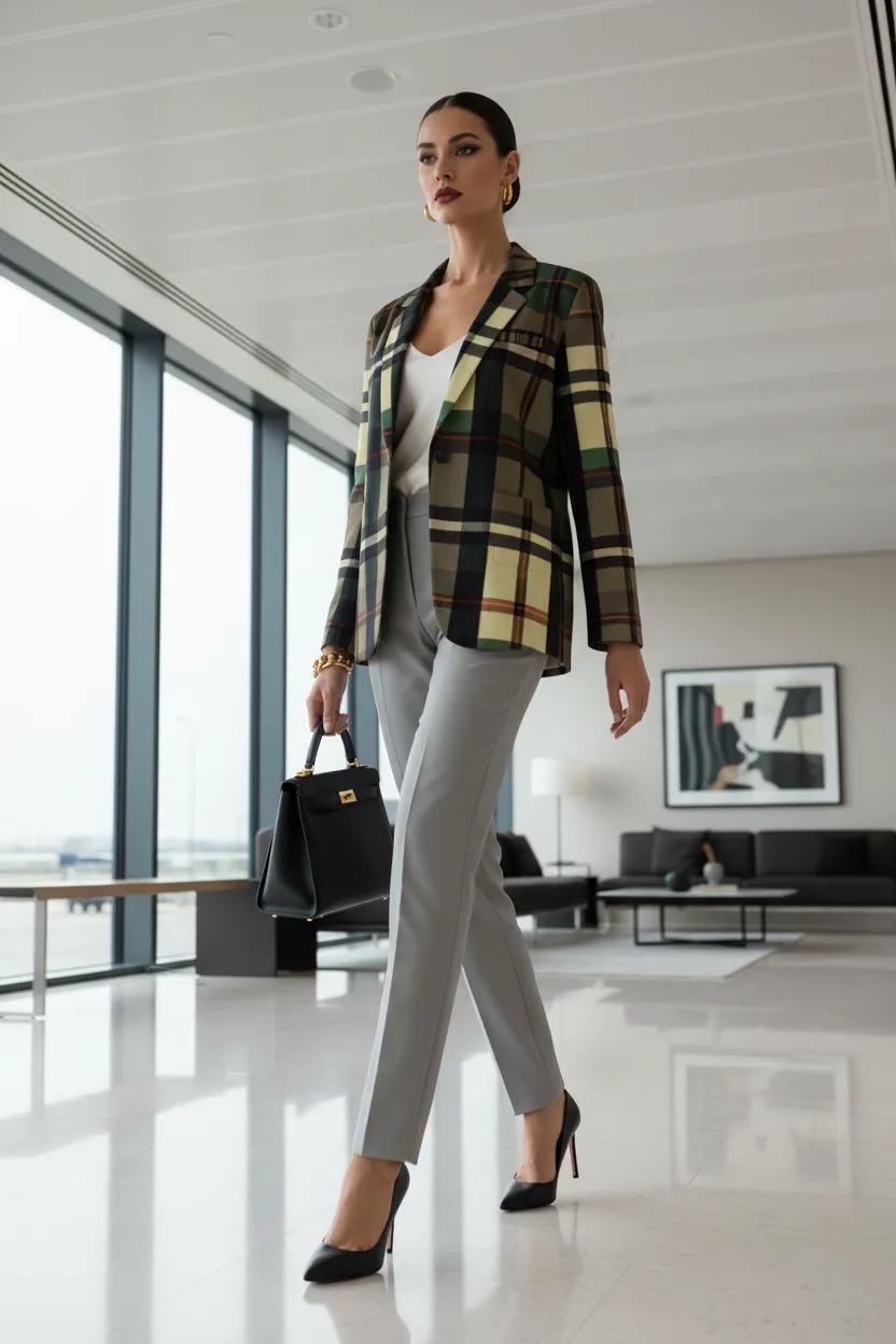 Green-Grey Tartan plaid jacket with stylish outfit for elegant evening wear