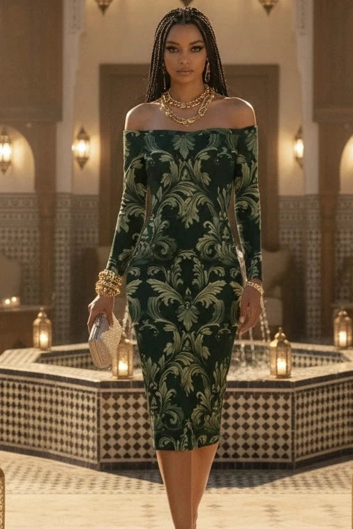 Dark feminine fashion look with a green off shoulder midi dress styled for powerful elegance.