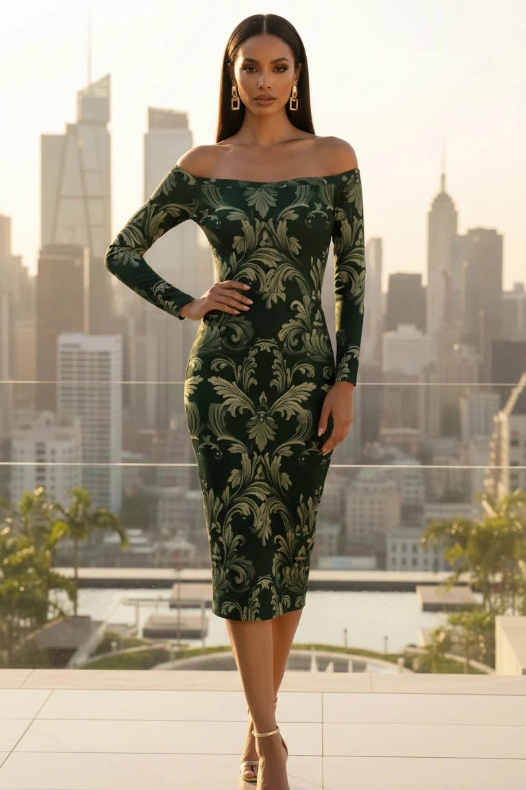Statement green midi dress styled in a dramatic coastal editorial setting for modern women.