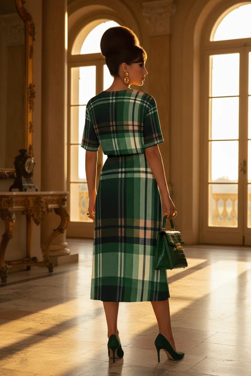 Green Tartan midi dress elegant outfit with heels and handbag for evening events